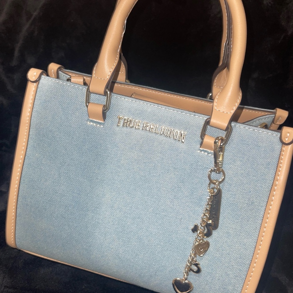 SOLD True Religion Blue and Tan Satchel with Structured Design